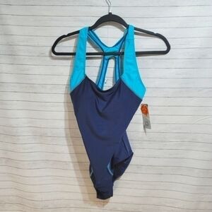 NAVY & LIGHT BLUE COLOR BLOCK RACER BACK ONE PIECE SWIMSUIT, SZ SMALL